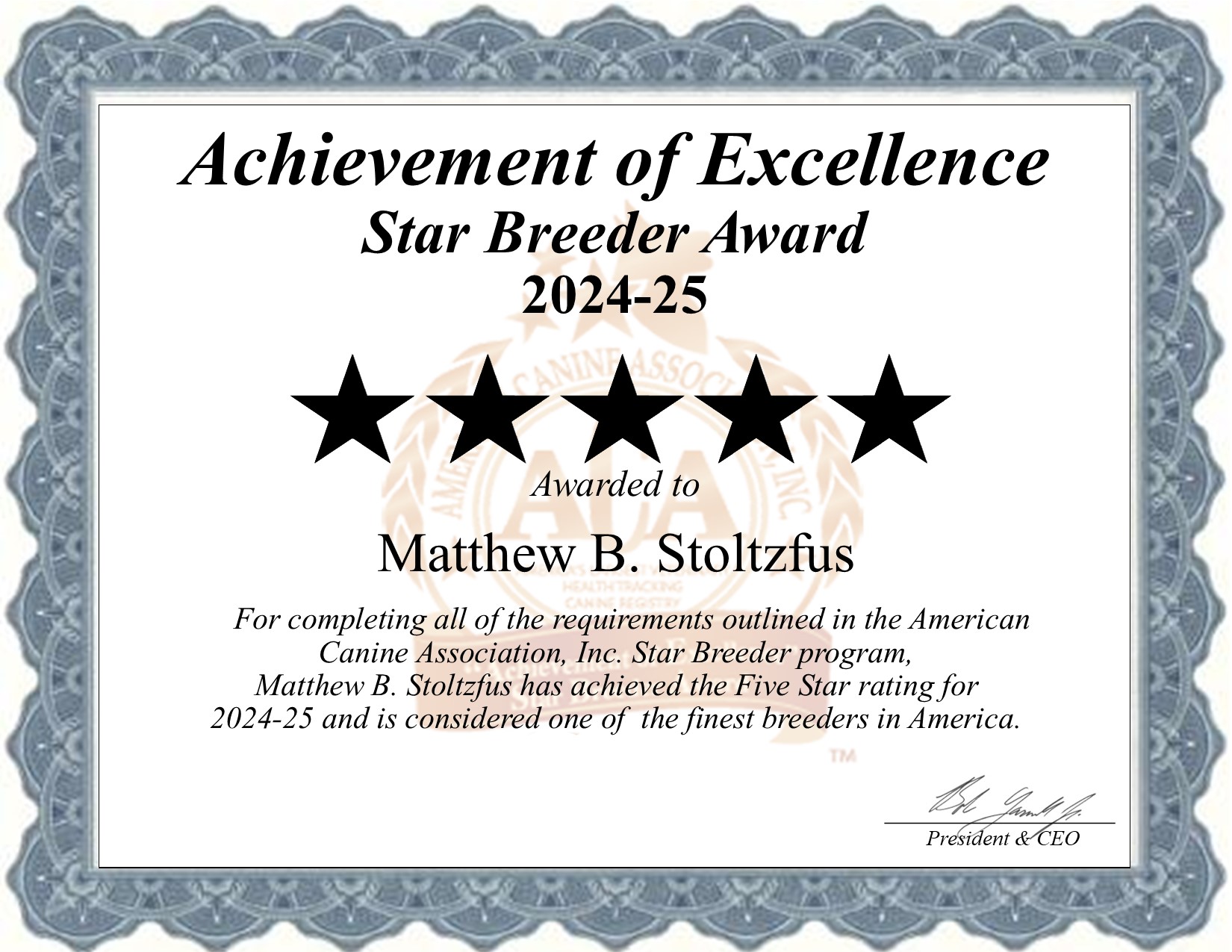 Matthew B. Stoltzfus dog breeder certificate